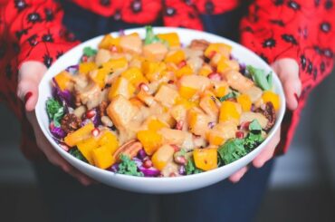 Healthy Vegan Kale Salad with Butternut Squash, Pomegranate, & Maple-Tahini Dressing | WFPB RECIPE