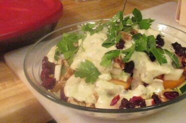 Healthy Rotisserie chicken, cranraisin, apple, walnut salad with creamy avocado dressing , you dont