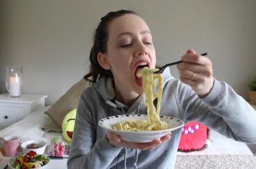 ASMR Whisper Eating Sounds | Pasta With Cheese Sauce, Salad & Chaga tea