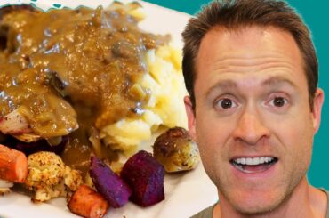 Healthy Vegan Thanksgiving Dinner - Mushroom Gravy Mashed Potatoes & Roasted Veggies - OIL SOS FREE