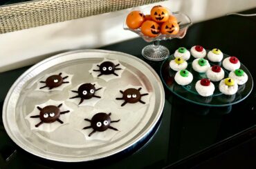 DIY easy and cute Halloween Snack Ideas! Chocolate Cookie Spiders, Donut Eyeballs, Jack O Lanterns