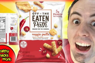 HEALTHY SNACKS TO BRING TO WORK | Off the Eaten Path Spicy Cheddar Veggie Puff Taste Test & Review