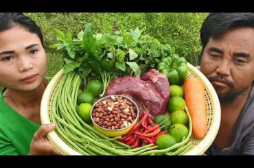 cooking beef salad -  eating  delicious