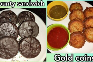 Stuffed Gold Coins, Choco Bounty Sandwich,Two party dishes with Marie Biscuits मैरी बिस्किट व्यंजन