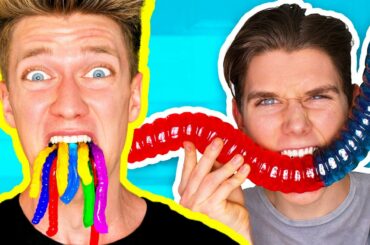 Gummy Food vs. Real Food Challenge! *EATING GIANT GUMMY WORMS* Gross Real Worm Food Candy