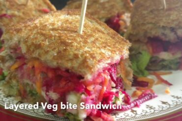 Layered veg bite sandwich as starters - healthy lunch box idea for kids