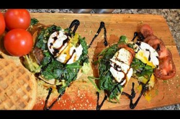 Easy Healthy Waffle Breakfast Sandwich With Spinach, Portabella, And Poached Egg