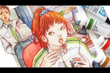 QUICK LUNCH AT WORK - HUNGRY Watercolor series