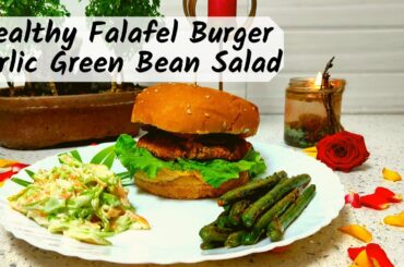 Healthy falafel burger with veggie twist served with garlic green bean salad|Best Burger Recipe