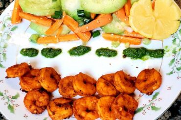 INDIAN STYLE Spicy garlic shrimps (Prawns) with Cucumber and sesame salad 150 Calories.