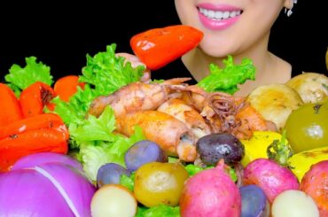 HEALTHY MEAL DAY 2: ROASTED VEGGIES (Peppers, Potatoes, Mushrooms, Tomatillo) + SQUID | TracyN ASMR