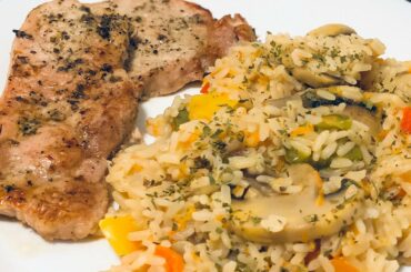 Vegetables Rice and Pork medallions HEALTHY LUNCH OR DINNER. EASY TO COOK