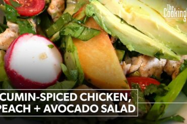 Learn to make a perfect chicken, peaches and avocado salad + easy dressing