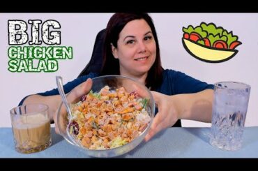 BIG CHICKEN SALAD BOWL MUKBANG • Lettuce, pasta, feta cheese, garlic dressing | Healthy Lunch