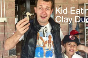 Child Eating Clay Duck: Any Other Healthy Snack Ideas? Funny Kid Pottery Diet, not Happy Meal