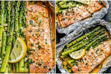 Foil Salmon and Asparagus in Garlic Butter Sauce - Easy Salmon Recipe