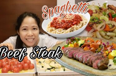 Beef Steak And Spaghettie Cherry Tomatoes Sauce | Vegetables Salad |Healthy Foods
