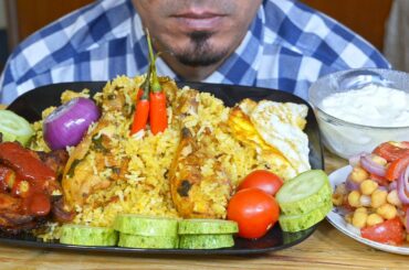 Eating Chicken Biryani, Chicken Fry, Onion, Egg, Salad - Eating ASMR sound - Mukbang Eating Show