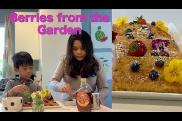 French Toast with Freshly-Picked Blueberries and Strawberries from the Backyard Garden for Breakfast