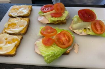 2 Minutes Easy CLUB SANDWICH! Turkey, Cheddar, Eggs, Tomatoes, Lettuce, Mayo, Mustard and Relish