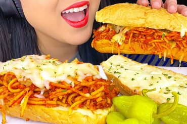 ASMR CHEESY SPAGHETTI SANDWICH LOCK DOWN FOOD Cheap & Easy MEALS (Crunchy Eating Sounds) ASMR Phan