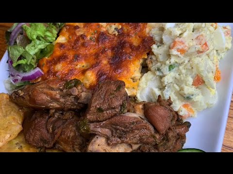SUNDAY LUNCH/DINNER IDEAS| STEWED CHICKEN|MACARONI PIE| POTATO SALAD|FRIED GREEN PLANTAINS SUNDAY LUNCH/DINNER IDEAS| STEWED CHICKEN|MACARONI PIE| POTATO SALAD|FRIED GREEN PLANTAINS