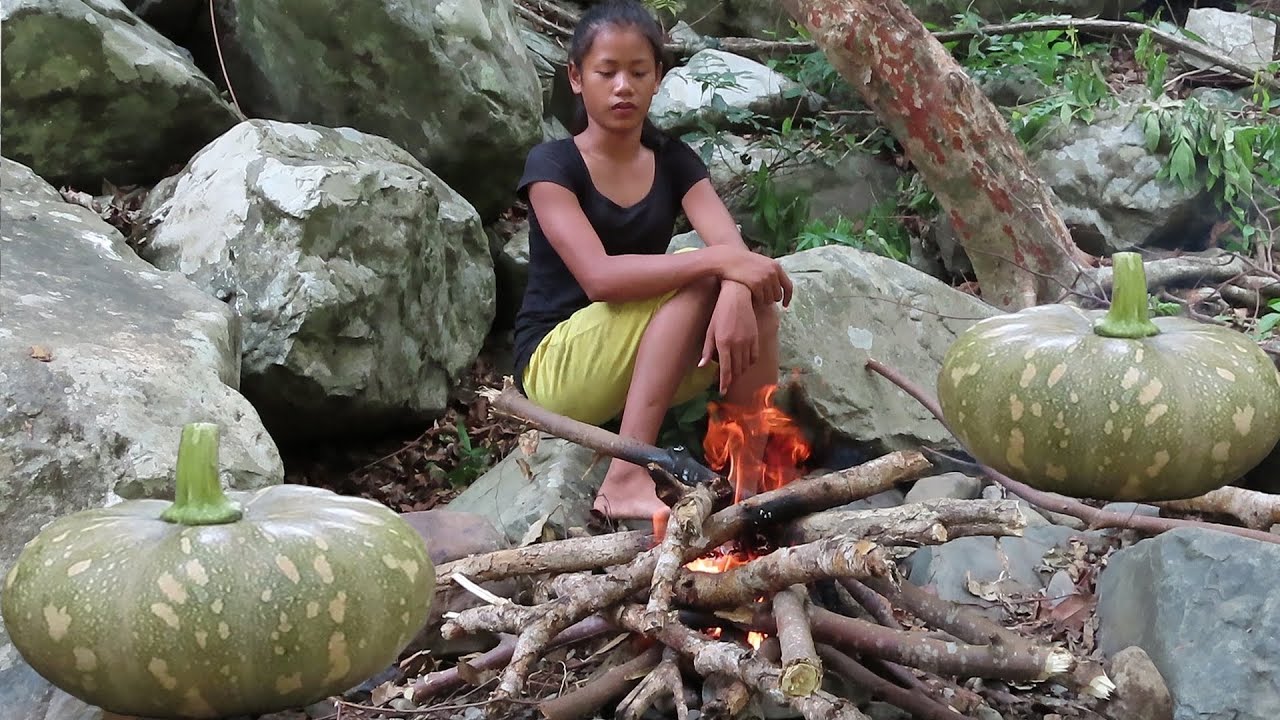 Healthy food ideas: Cooking Pumpkin Underground for Lunch in Forest Healthy food ideas: Cooking Pumpkin Underground for Lunch in Forest