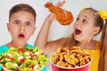 Diana and Roma Pretend Play school and eat not healthy food