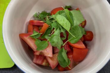 Healthy Lunch: "Fresh Basil, Three Tomatoes" Salad, with Olive Oil, Sea Salt and Balsamic Vinegar
