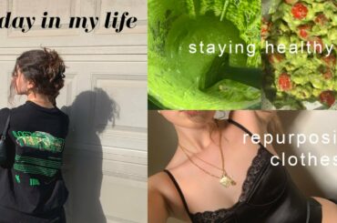 VLOG | making healthy meals, repurposing clothes, + working out!