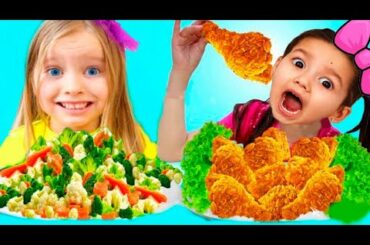 Ammi and Milli Eat and Cook Healthy Food and Fried Chicken  Funny Food Toys Video for Kids