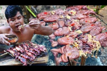 Cooking Squid Mushroom bbq Recipe - Grilled Squid,Octopus Seafood bbq delicious Food