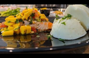 Delicious and healthy dinner, Baked Salmon topped with Mango Salsa