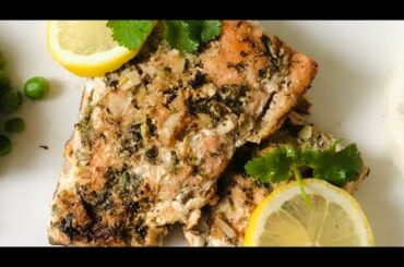 Salmon fish with garlic and fresh coriander, quick and easy healthy recipe