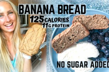 HEALTHY PROTEIN BANANA BREAD RECIPE - LOW CALORIE & HIGH PROTEIN. No sugar added.