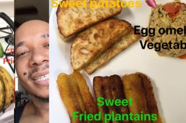Scrambled egg omelette with vegetables, sweet potatoes, fried plantain ( healthy breakfast recipe )