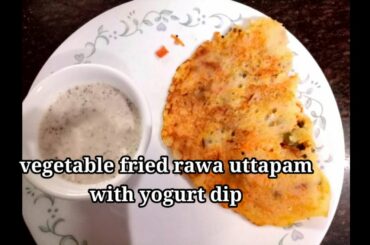 Vegetables fried rawa uttapam with yogurt dip. Healthy Recipe for breakfast