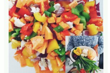 Healthy meal idea for weightloss, cauliflower, onion, sweet potatoes, ball pepper| Naturallywithjane