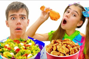 Nastya and Artem pretend to play car wash and eat not healthy food