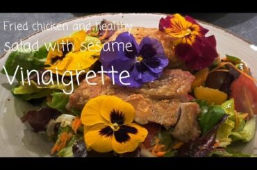 Fried chicken and healthy salad with sesame Vinaigrette