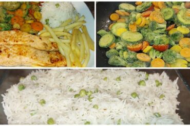 Fish vegetable rice dinner plate,super healthy salad by saladnest