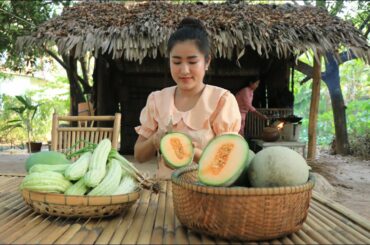 Harvest green melon and harvest vegetable around home for cooking / Healthy food cooking
