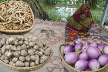Most Healthy And Delicious Cooking Taro Root Eggplant With Shutki CHELA SHUTKI RECIPE Village Food