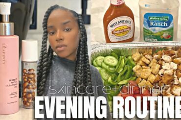 EVENING AFTER WORK ROUTINE | SKINCARE + COOKING FT. LEAFINTY | QUICK EASY HEALTHY DINNER IDEA