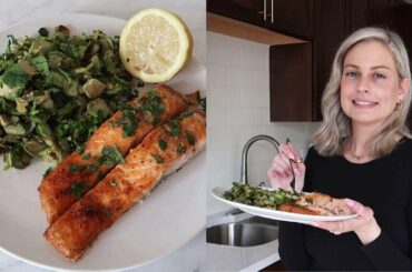 TASTY BAKED SALMON RECIPE W/BRUSSEL SPROUTS | Easy & healthy low calorie salmon!
