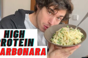 HIGH PROTEIN Spaghetti Carbonara Recipe (Low Fat Lower Calorie Healthy Carbonara Pasta)