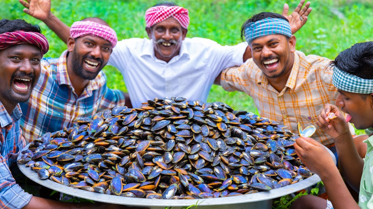 50 KG MUSSELS River Mussels Fry Recipe Cooking & Eating In Village