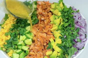 BBQ Salmon Avocado Corn Summer Salad. Healthy dinner recipe!