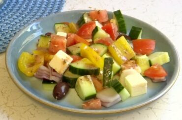 Easy Greek salad with feta cheese. Simple dressing recipe. Healthy!