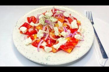 How to make summer light & healthy salad with tomato, feta & onion. Tasty salad recipe for dinner